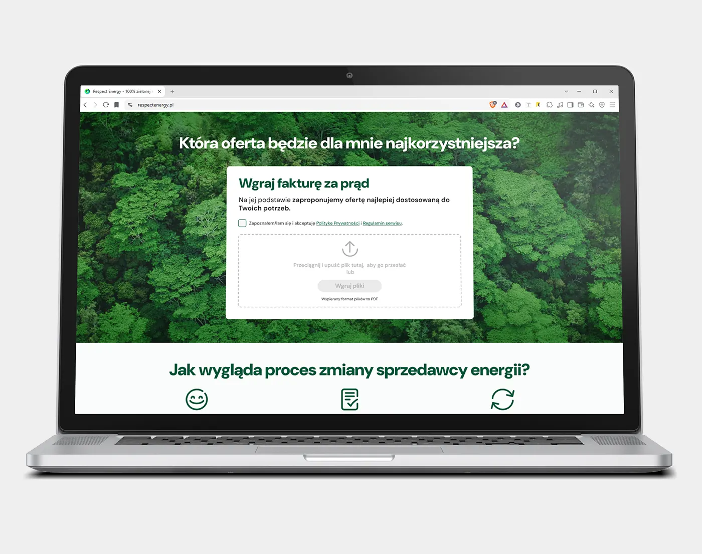 Invoice-upload prompt on the respectenergy.pl homepage, over a full-bleed forest photo
