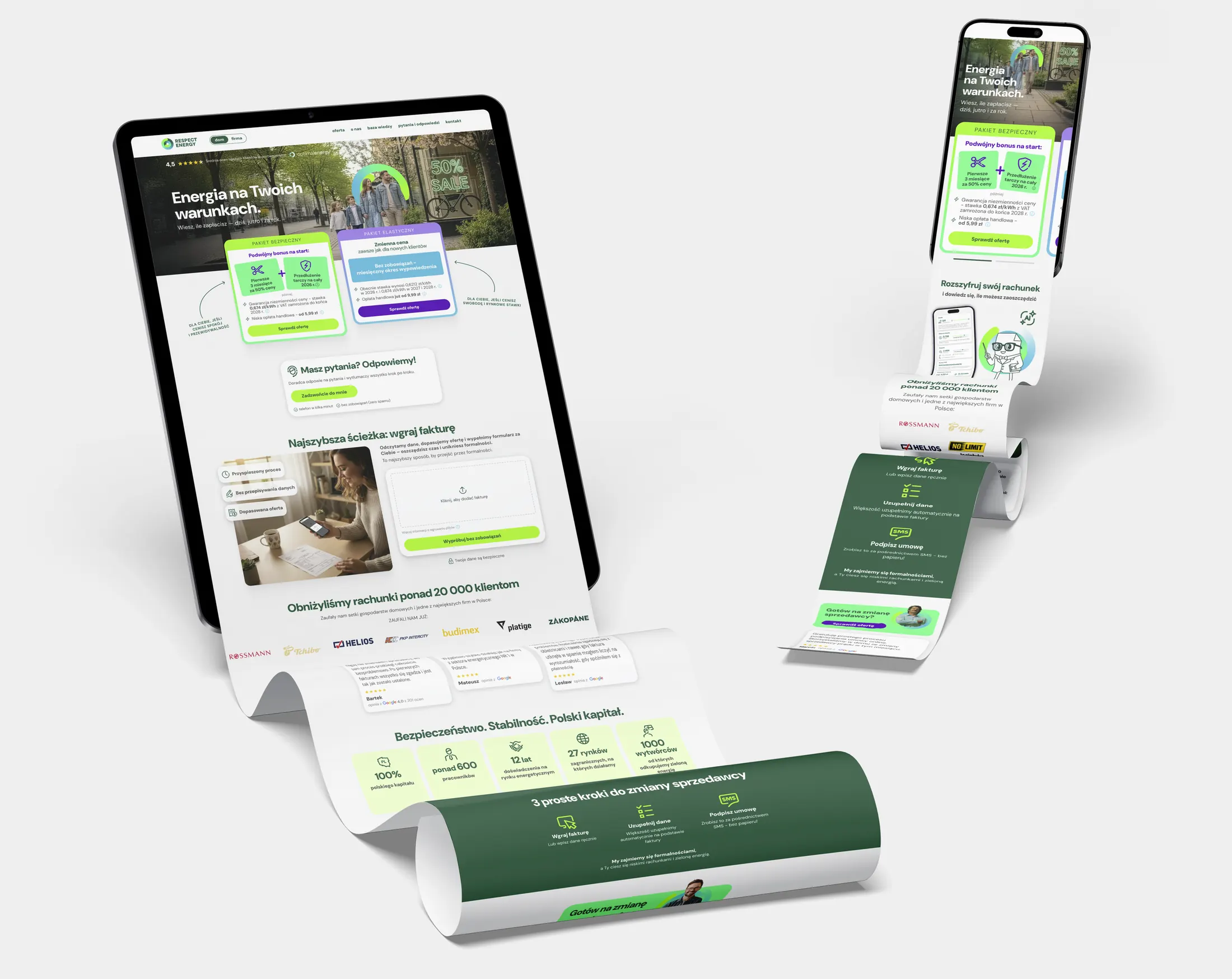 The Respect Energy homepage on a tablet and a phone, showing the two packages and the invoice-upload path