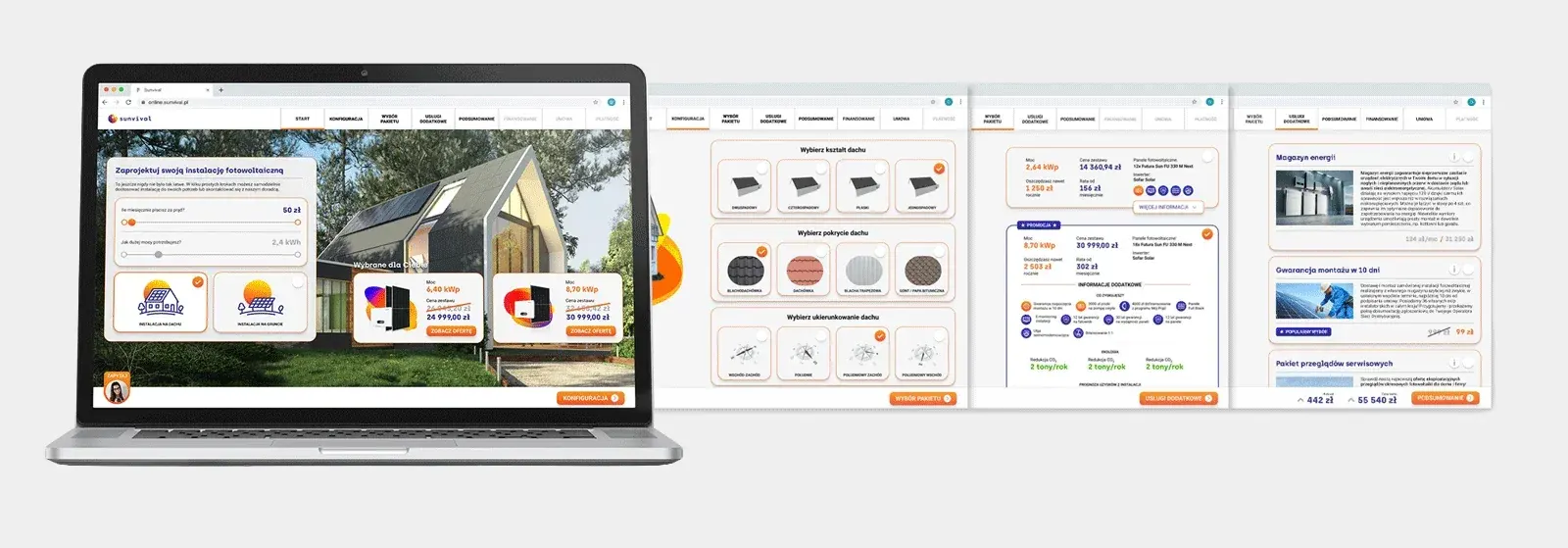 Sunvival configurator app screens