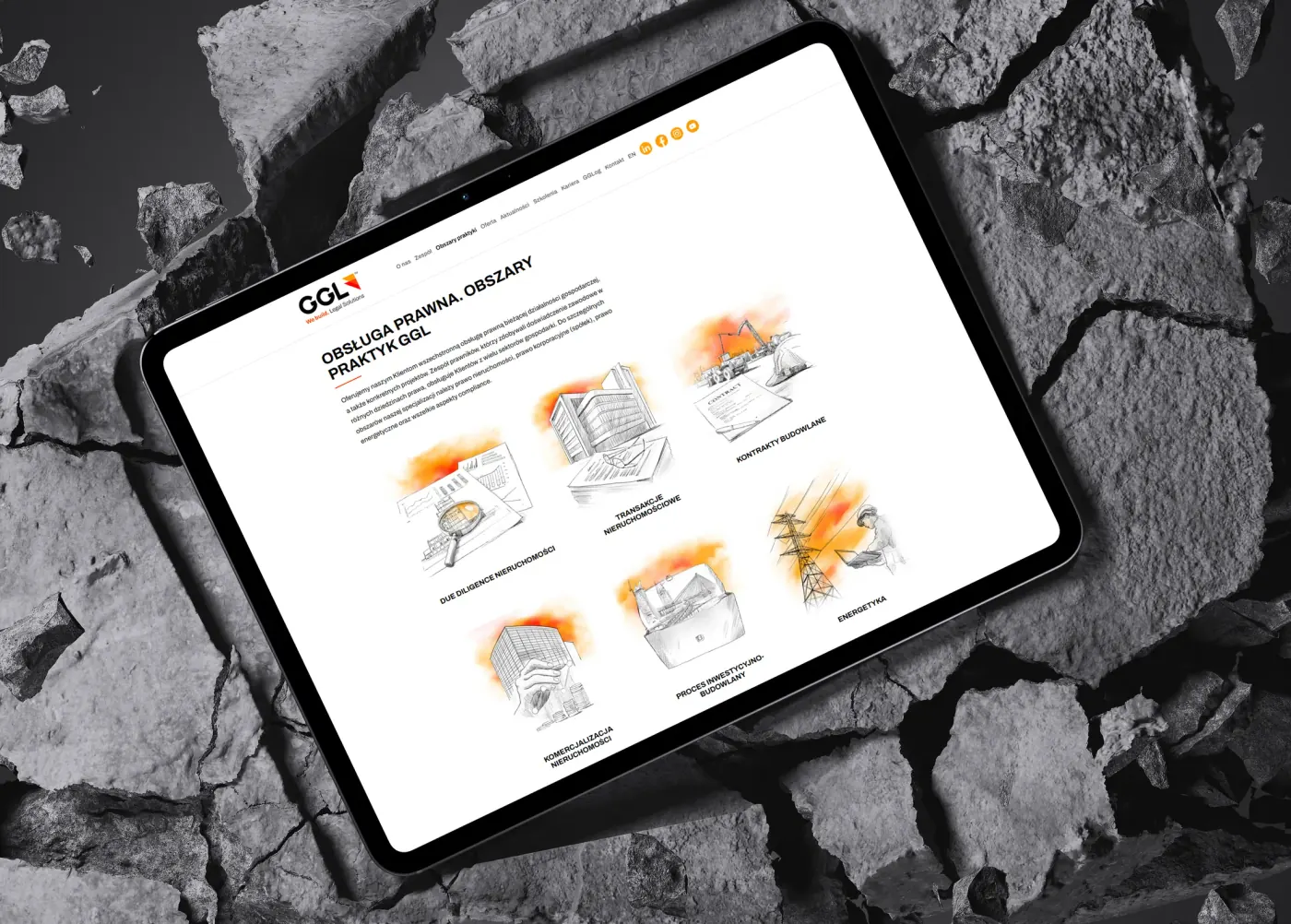 gglegal.pl practice areas page with pencil-style illustrations for each specialisation