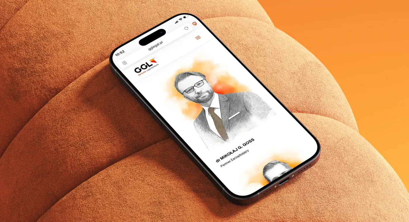gglegal.pl team member page on a phone, showing a partner's pencil-style portrait illustration