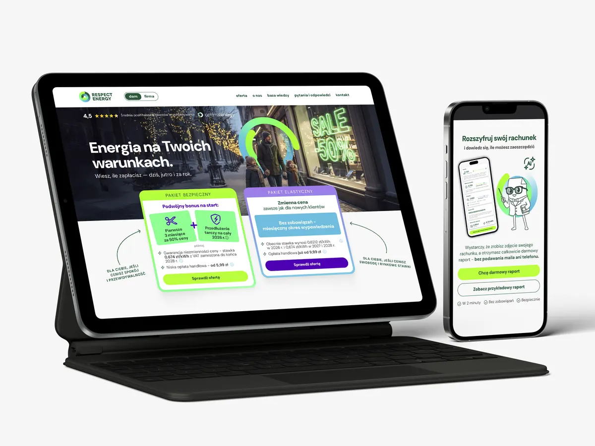 The Respect Energy offer page on a tablet, showing the Safe package at −50%, next to a phone with a bill-decoding tool