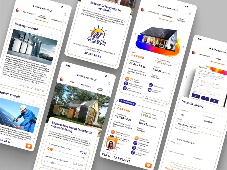 Sunvival app screens: energy storage, an installation's savings estimate and the order confirmation