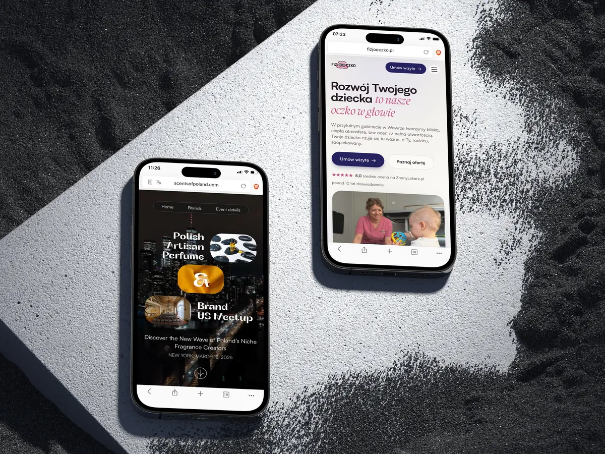 The Scents of Poland landing page and the fizjooczko.pl homepage on two phones